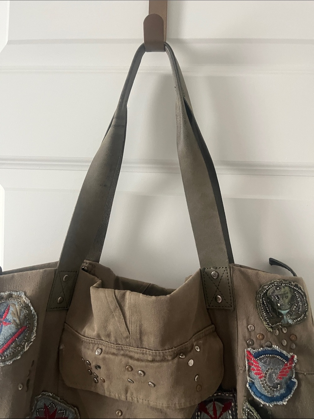 Free People Khaki and Black Patchwork Tote with Embroidered Patches - Picture 9 of 12